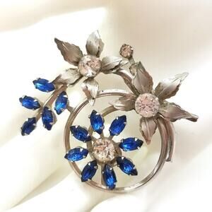 Vintage Blue Clear Glass Rhinestone Floral Brooch & Pendant, Riveted, 2 Inches